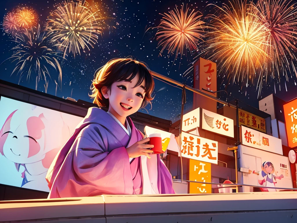 Fireworks、On a large billboard[Juice and tea]It is written、A mini character of a girl wearing a kimono、Boy wearing a happi coat