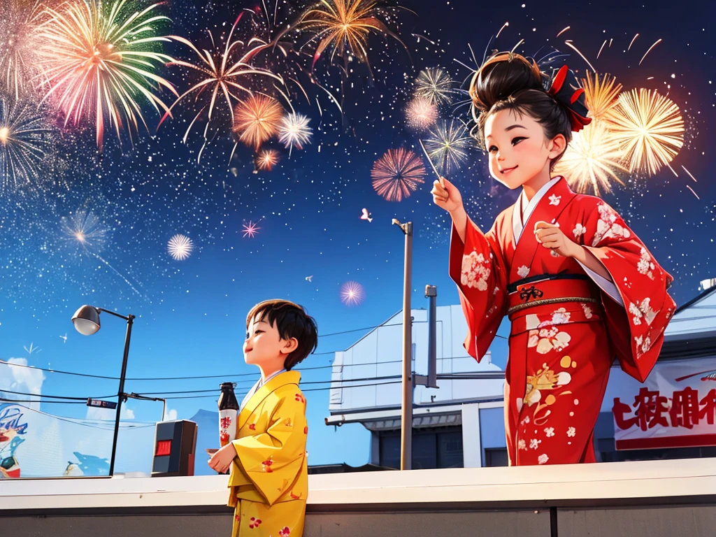 Fireworks、On a large billboard[Juice and tea]It is written、A mini character of a girl wearing a kimono、Boy wearing a happi coat
