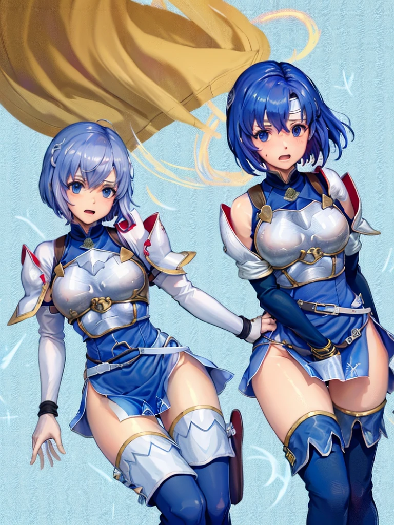 (White background:1.2,1girl),BREAK,Blue Hair, short hair, blue eyes, cute, Narrow waist, Toned Up, Large Breasts, Bare shoulders, Red neckerchief, Blue elbow gloves, Blue fingerless gloves, Pauldrons, belt, breastplate, White headband, Short dress, Dress slit, Blue tight boots, Blue long boots, Pegasus Knight Uniform (Fire emblem), blush,Open your mouth,(Blue and white striped panties:1.3)