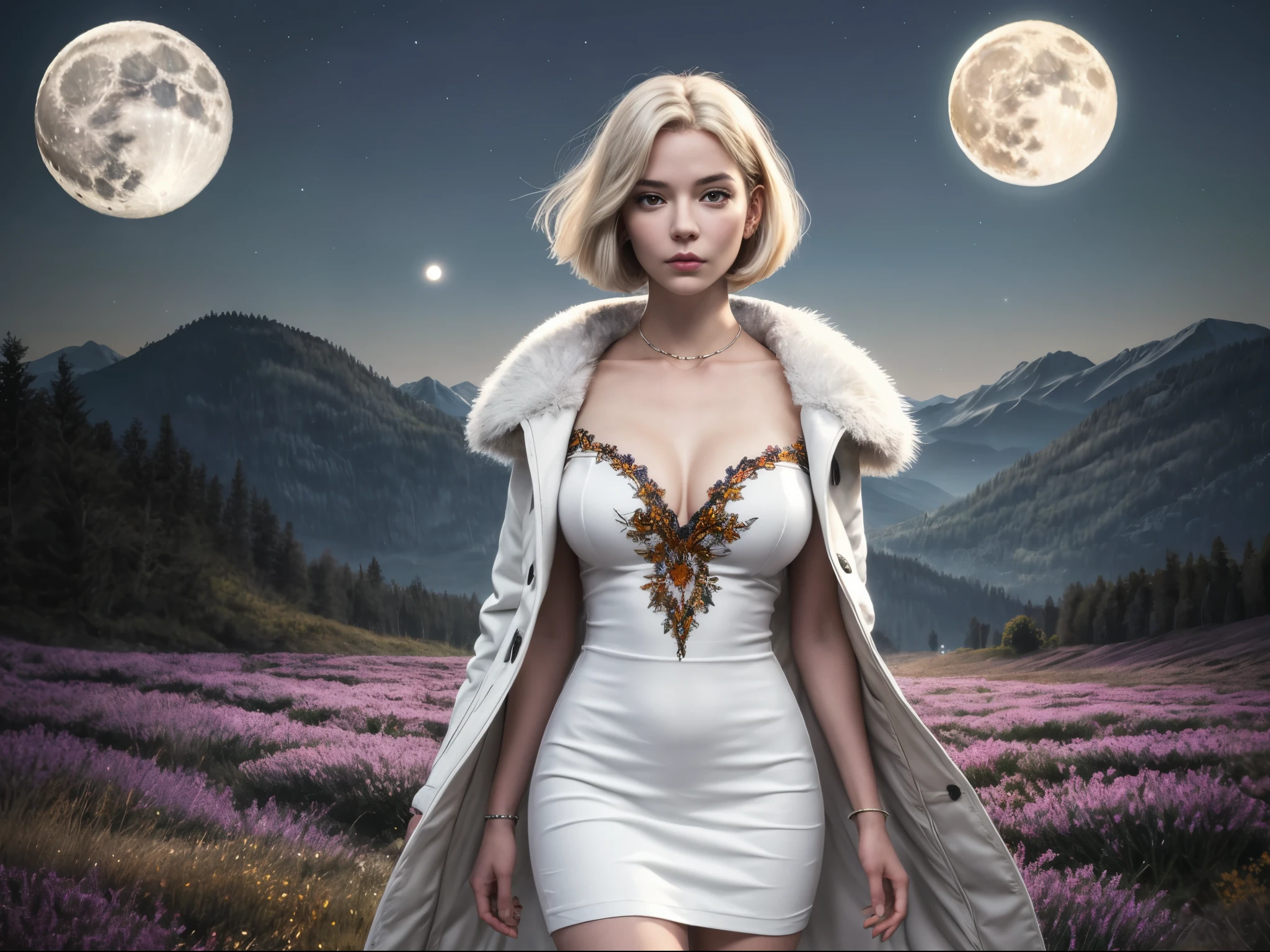 1girl, medium wide shot, solo, detailed face, looking at viewer, parted lips, expressive, beautiful intricate body, fine line work, shiny skin, (white medium bob hair:1.2), taut mini dress, fur collar fur-trimmed coat, concept art, expansive landscape, flower field, (full moon:1.2), distant mountain, production art, warm light source, firefly, lamp, purple and orange, intricate details, volume lighting, masterpiece, highest quality, dynamic configuration, colorful, irisdescent, sparkling lighting, atmospheric lighting, dreamy, magical, full breasts, (gigantic breasts:1.2),