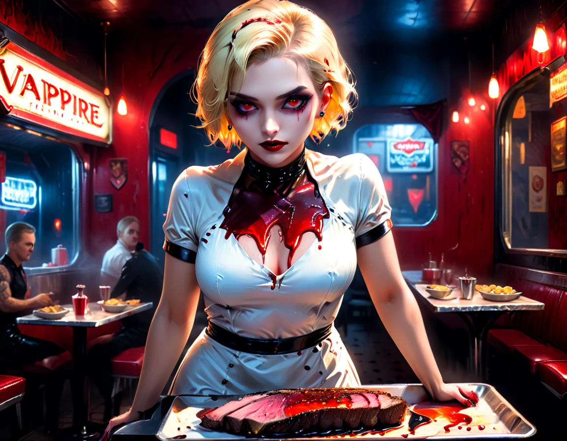 a 3D digital painting picture of extremely (beautiful female vanpire:1.3) ((serving a big juicy raw steak: 1.3)) on a tray, dripping blood in a goth American diner, an exquisite beautiful female (vampire:1.3), (full body: 1.3) ultra feminine ultra detailed face, blond hair, short hair, red lips, red eyes, glowing eyes, wearing sexy white seductive latex dress, serving a goth diner American kitchen background, full body dynamic angle, , award winning, best quality, high quality, high details, highres, vibrant, Ultra-high resolution, High Contrast, (masterpiece:1.5), highest quality, Best aesthetics, best details, best quality, highres, ultra wide angle, 16k, [ultra detailed], masterpiece, best quality, photorealistic, 3D rendering,