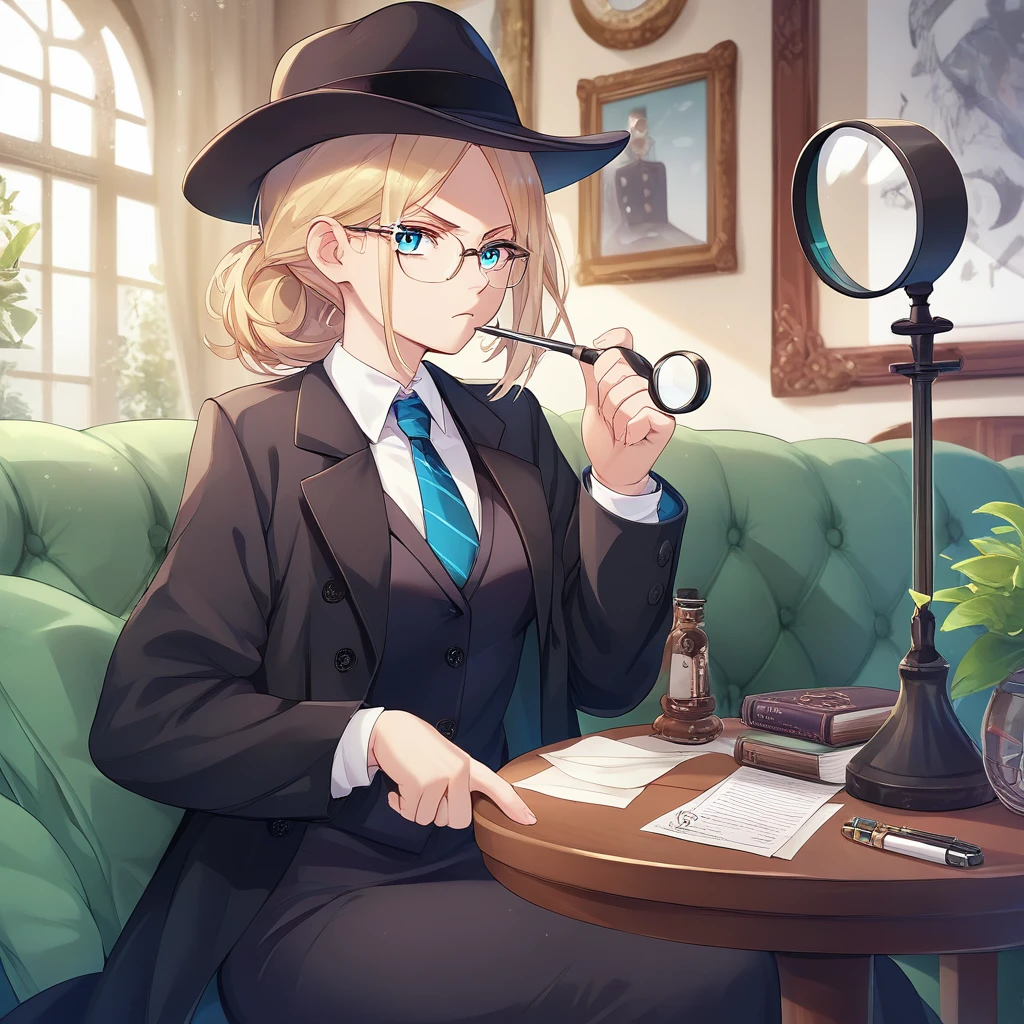 masterpiece, best quality, 8k,1 girl ( black trench coat, suit, skirt, fedora, glasses, cross-legged, sitting on sofa, necktie, right hand hold magnifier:1.2, serious), ( table, papers on table ), window, ofice background,