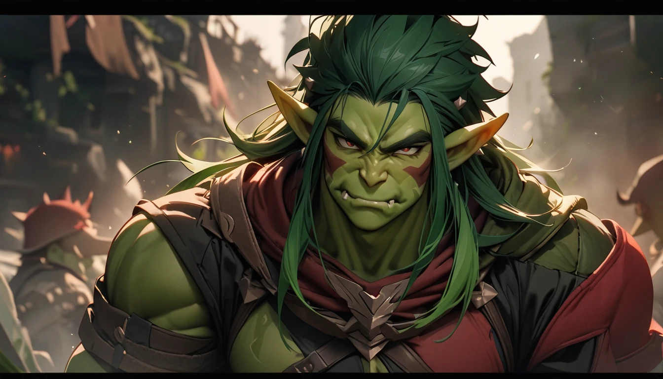 masterpiece, 8k, best quality, highly detailed, half orc male twins, one with red spiky hair & a red musician aesthetic, the other with green long hair & a green warrior aesthetic