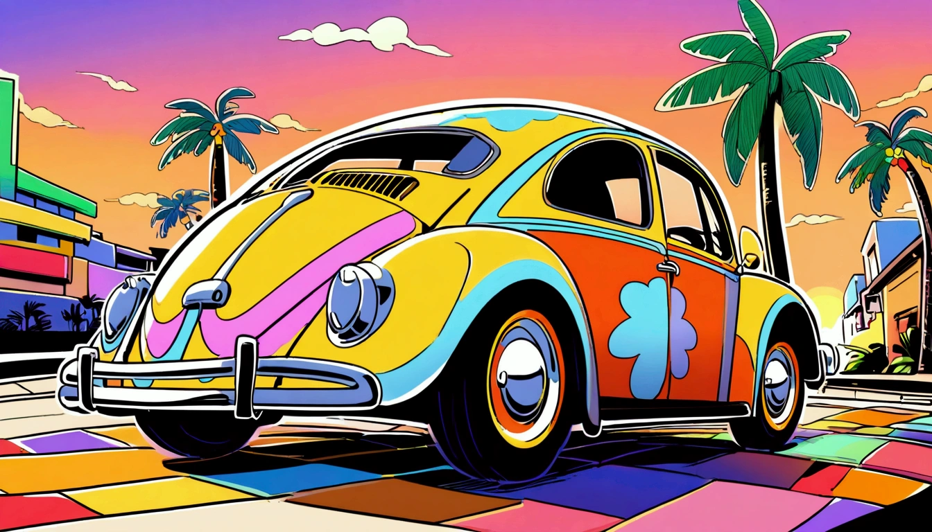 ((Sticker design)), Volkswagen Type 1 beetle, Sunset background, Palm tree, Layers with 5 colors, Corner Street, Belek's Drums, Plethean,