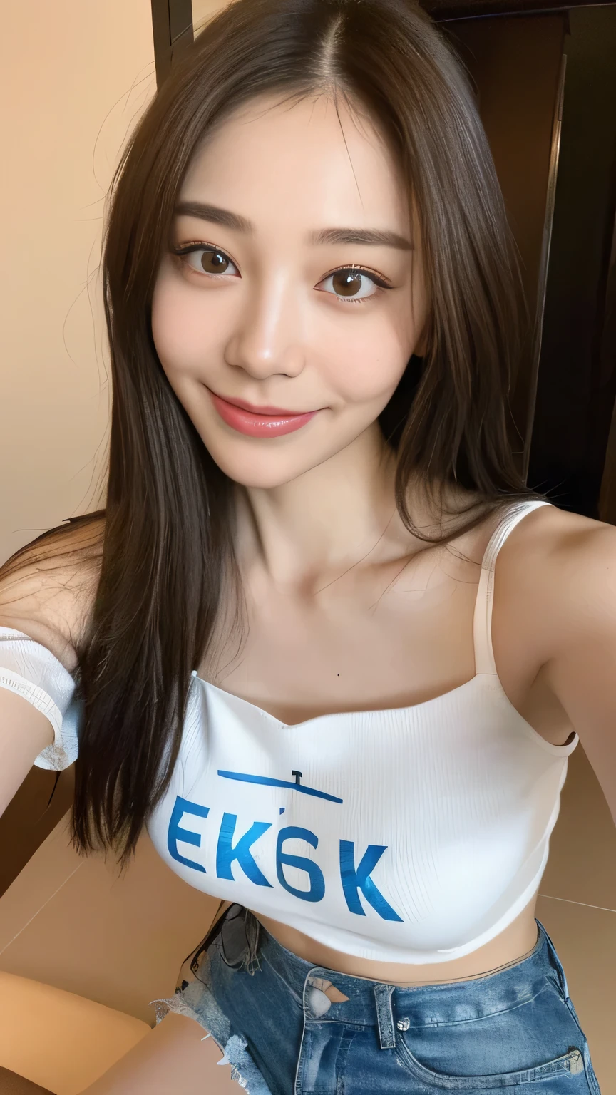 seed:2020674263.((Full body angle:1.1)).((Highest quality, 8K, masterpiece:1.3)), ((from below:1.1)).concentrated:1.2, Perfect body beauty:1.4, Hips:1.2, ((Delicate Hair)), (Colorful off-shoulder cropped T-shirt、Letter print、Slim fit,Shorts :1.1) , ((Highest quality、、masterpiece:1.3))、1 Girl、A sloppy smile、Esbian all over、Slim face、Big Boobs、Beautiful woman、(Dark Brown Hair)、Long Hair、1、Flickering Valley、Detailed eyes、double eyelid、Blurred Background、超Slim face、Smile、Looking down、stroll