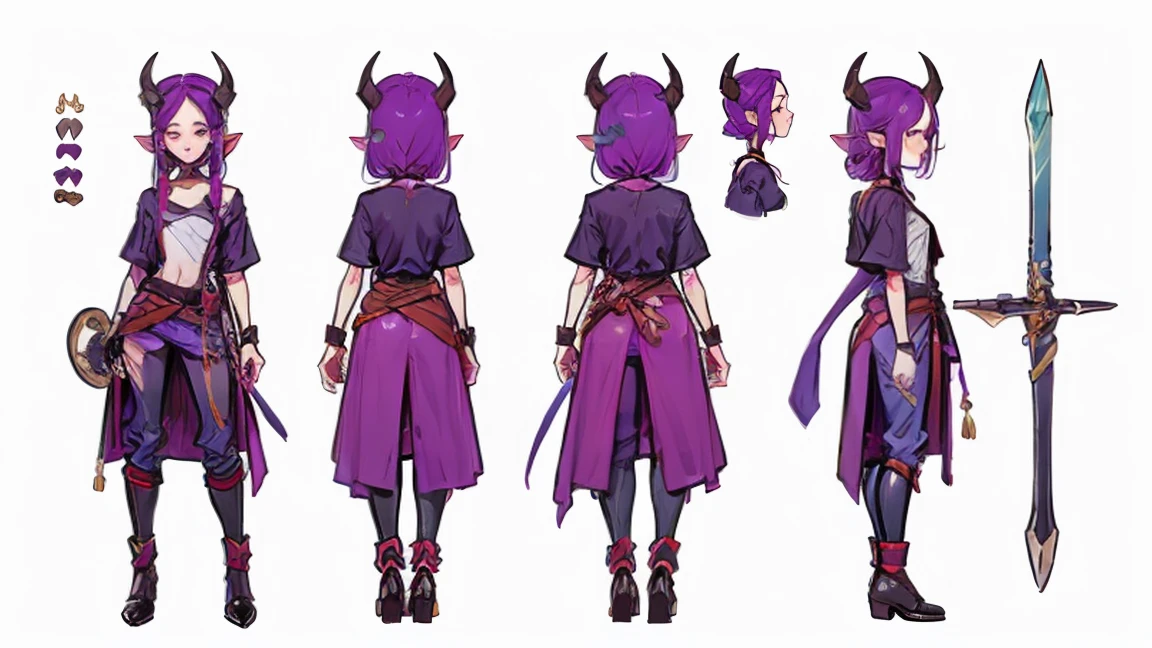 (Masterpiece, best quality), detailed, 1girl, ((character concept art)), ((character design sheet, same character, front, side, back)), many items, (Tiefling Girl, purple hair, purple skin, purple horns, flat chest, two-handed sword, in a shirt and pants with a belt, medieval clothing, stands tall