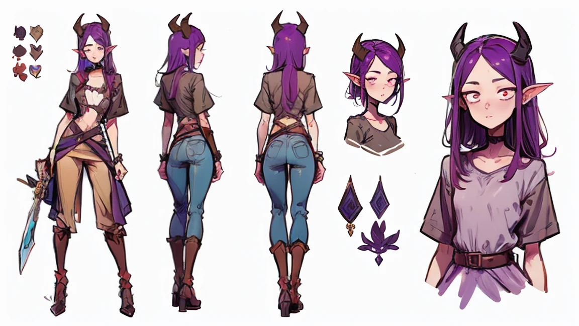 (Masterpiece, best quality), detailed, 1girl, ((character concept art)), ((character design sheet, same character, front, side, back)), many items, (Tiefling Girl, purple hair, purple skin, purple horns, flat chest, two-handed sword, in a shirt and pants with a belt, medieval clothing, stands tall