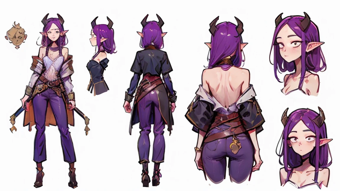 (Masterpiece, best quality), detailed, 1girl, ((character concept art)), ((character design sheet, same character, front, side, back)), many items, (Tiefling Girl, purple hair, purple skin, purple horns, flat chest, two-handed sword, in a shirt and pants with a belt, medieval clothing, stands tall