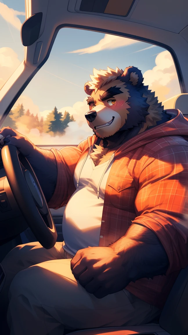 (Vision:1.5), solitary, anthropology, hairy, hairy male, Bear, ((Fluffy fur, Fluffy, hairy body)), (bear print), (Thick eyebrows), youth, muscular, White big pectoral muscles, Black fur, Golden pupils, Detailed teeth, defaced face, fundos, trucker, Red plaid hoodie, cab里, Driving, sideways, Shy expression, A faint smile, blush, (Dynamic poses:1.5), Clear facial features, Strong, majestic, alone, panoramic, Fog atmosphere, early morning, Tyndall Light Effect, cab, Sunlight through the car window, (By Empty Ghost, From bear20, masterpiece, high quality, high resolution,8K)