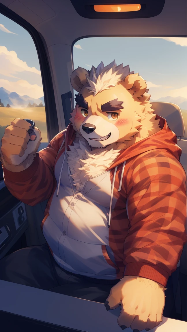 (Vision:1.5), solitary, anthropology, hairy, hairy male, Bear, ((Fluffy fur, Fluffy, hairy body)), (bear print), (Thick eyebrows), youth, muscular, White big pectoral muscles, Black fur, Golden pupils, Detailed teeth, defaced face, fundos, trucker, Red plaid hoodie, cab里, Driving, sideways, Shy expression, A faint smile, blush, (Dynamic poses:1.5), Clear facial features, Strong, majestic, alone, panoramic, Fog atmosphere, early morning, Tyndall Light Effect, cab, Sunlight through the car window, (By Empty Ghost, From bear20, masterpiece, high quality, high resolution,8K)