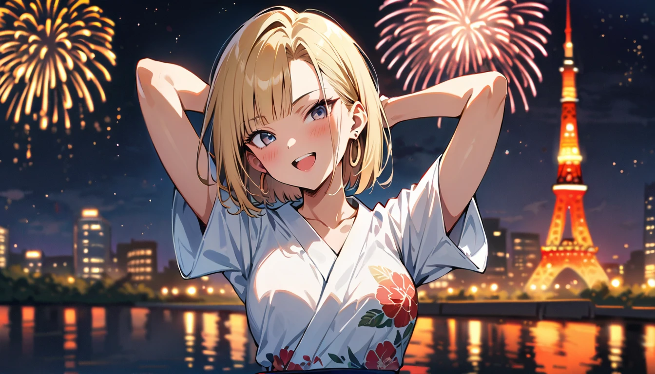 (masterpiece, best quality:1.2),1girl, (solo), Android 18 from Dragon Ball, ((floral print white kimono)), medium breasts, blunt bangs, blonde short hair, (black eyes), earrings on earlobes, slim, slender feminine figure, skinny body, blush, magnificent view, blur background, 4K, open mouth, smile, Tokyo Tower, firework, arms open, collarbone, riverside,