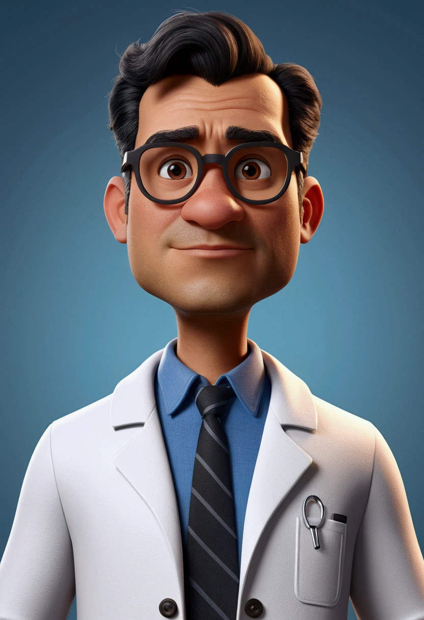 Cartoon character of a man with glasses, black hair with gray sides, black hair with gray sides, with entries, dark brownish brown skin, fat rounded oval face, approximately 34 years old, with an aged appearance, skin with pimple marks, animation character, wearing a labcoat, written on the coat name Prof. Luiz Paulo Silva - Natural Sciences , stylized character, animation style rendering, 3d stylized, Arnold Maya rendering, Stylized 3D rendering, toon render screenshot, 3d character, 3d character, Stylized 3D rendering, 3D character rendering, cartoon character, Personagem de close up, character posing, (Pixar-style) (master part:1.2) (bokeh) (best qualityer) (skin detailed) (detailed texture) (8K) (Argilla) (cinematic lighting) (sharp focus) True to description,