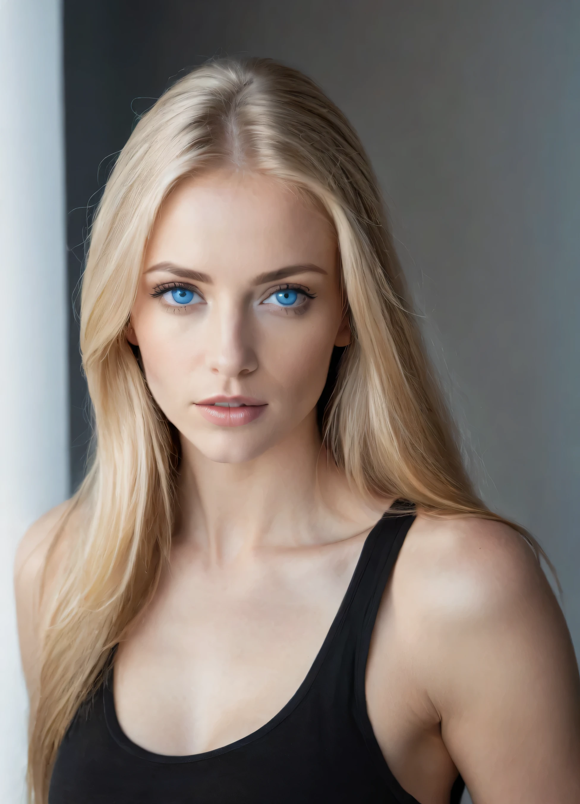 Portrait of a stunning woman with piercing blue eyes and long flowing blond hair, wear a black tank top, super realistic, intricate details in clothing and facial features, Studio lighting for enhanced depth and realism, looks straight into the camera