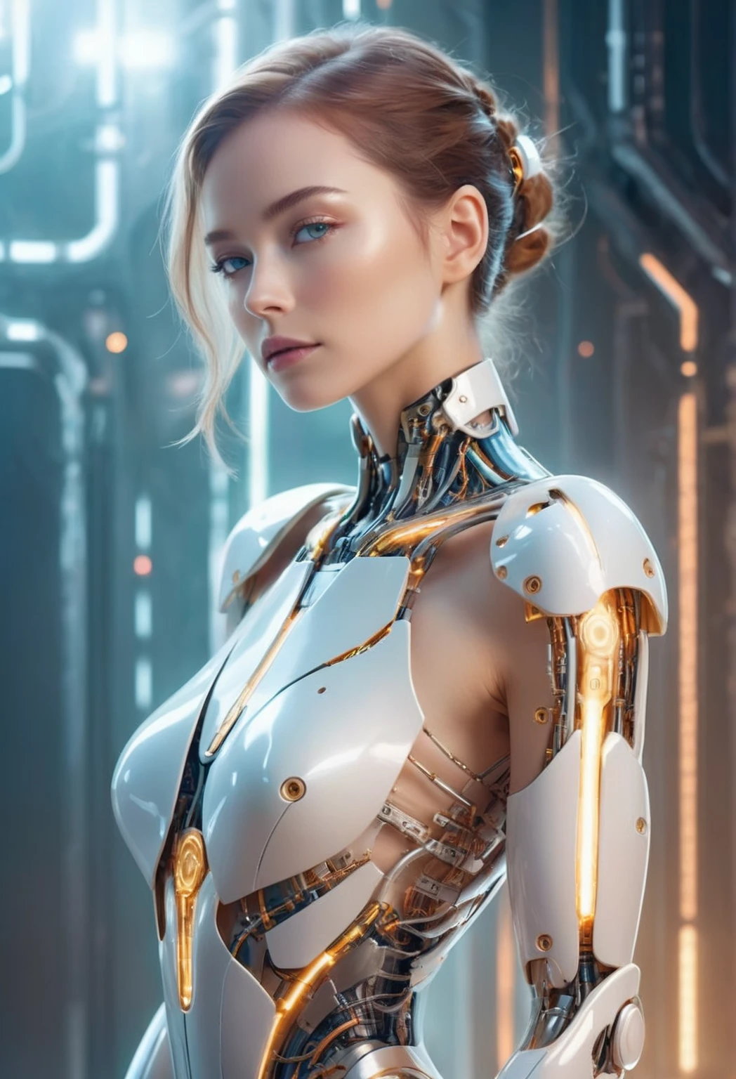 Elegant female cyborg, blend of organic and mechanical, sophisticated circuitry, ethereal glow, graceful pose, futuristic fashion, minimalist cybernetic enhancements, abstract digital background, soft lighting, artistic interpretation, subtle metallic sheen, serene expression
