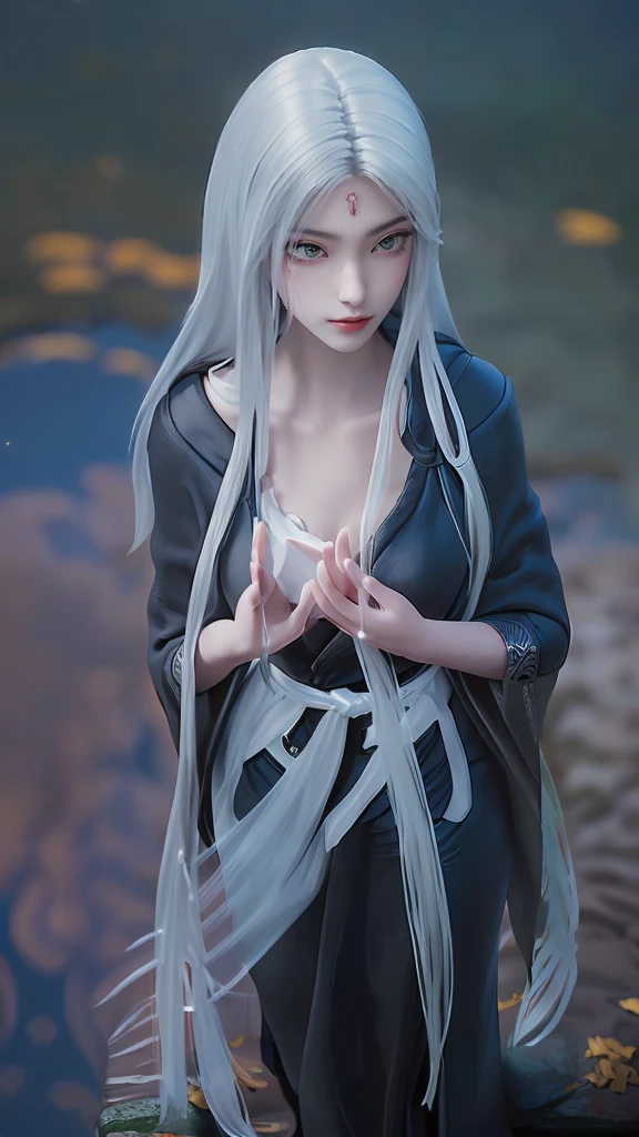 Araffe lady in black dress sitting on ledge over pond, seductive Tifa lockhart portrait, Tifa, Beautiful and charming anime woman, Popular on cgstation, Tifa lockhart, Beautiful goddess, glamorous Tifa lockheart, Japanese Goddess, Realistic anime girl rendering, Anime Goddess, Beautiful fantasy queen, Attractive anime girl, Popular on cgstation内容，(((White long hair)))，(((Green eyes))，((Black robe))，((Place one hand on your chest))