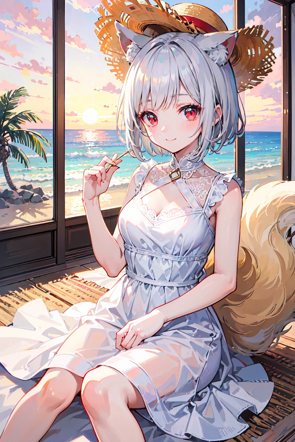 (masterpiece), (Highest quality), (Very detailed), (Beautiful illustrations), (pretty girl), 1 Girl, Silver Hair, short hair, Red eyes, , White Dress, Straw hat, Cute Smile, Sandy Beach, evening, sunset,Animal ears,Fluffy tail