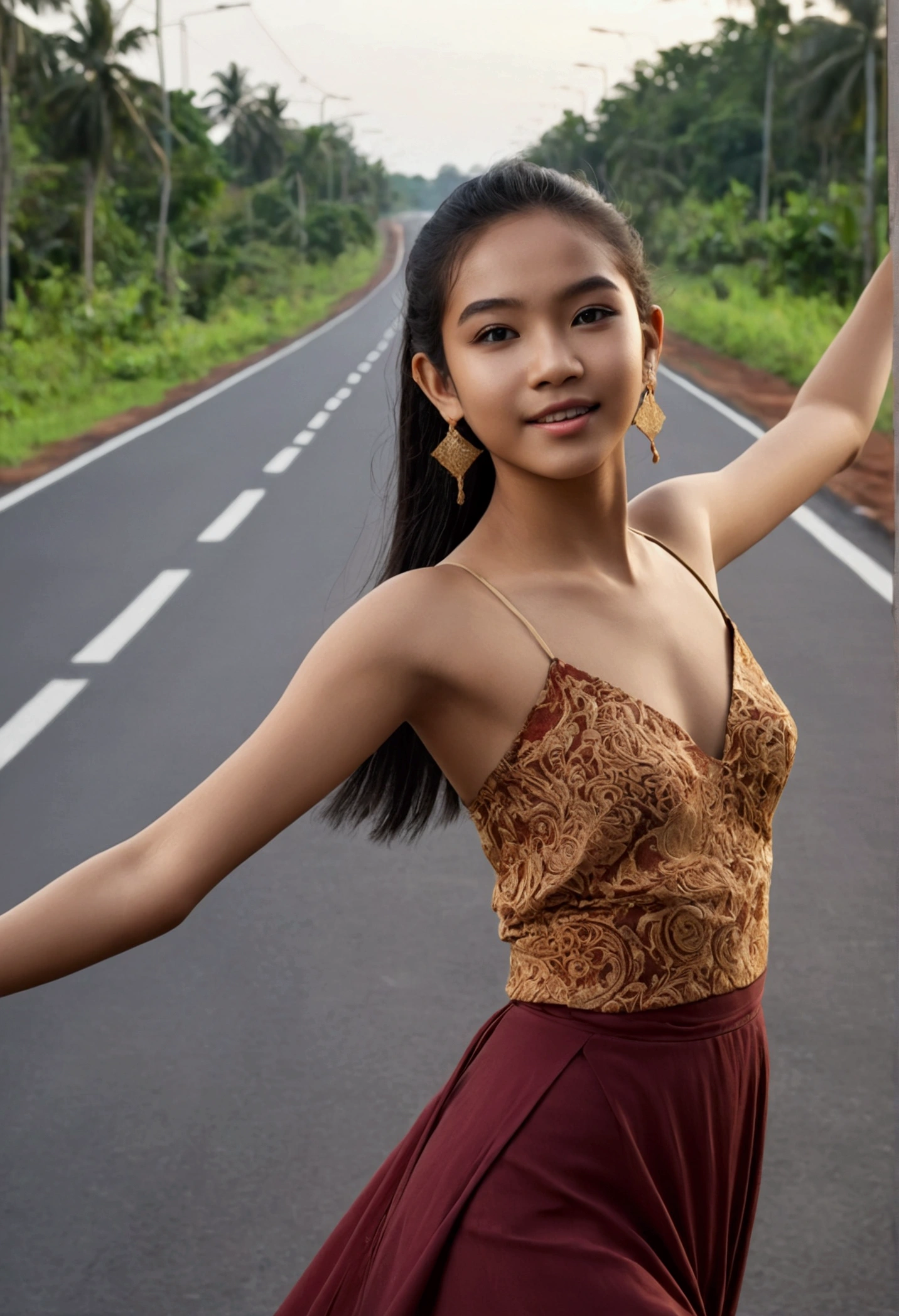 Beautiful 17 year old Indonesian woman ,dance freely ,dressed in an open top ,road background ,Realistic photo ,HD ,8k