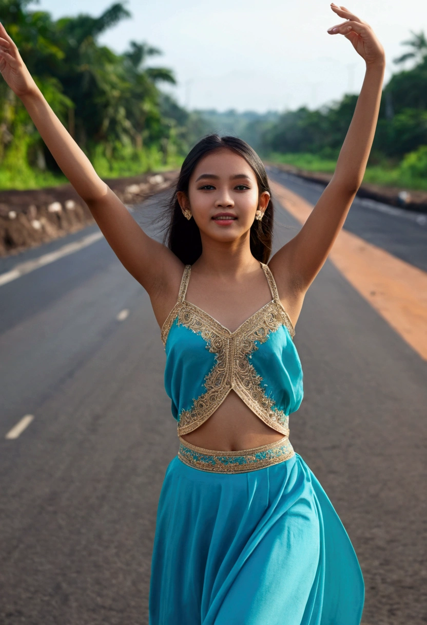 Beautiful 17 year old Indonesian woman ,dance freely ,dressed in an open top ,road background ,Realistic photo ,HD ,8k