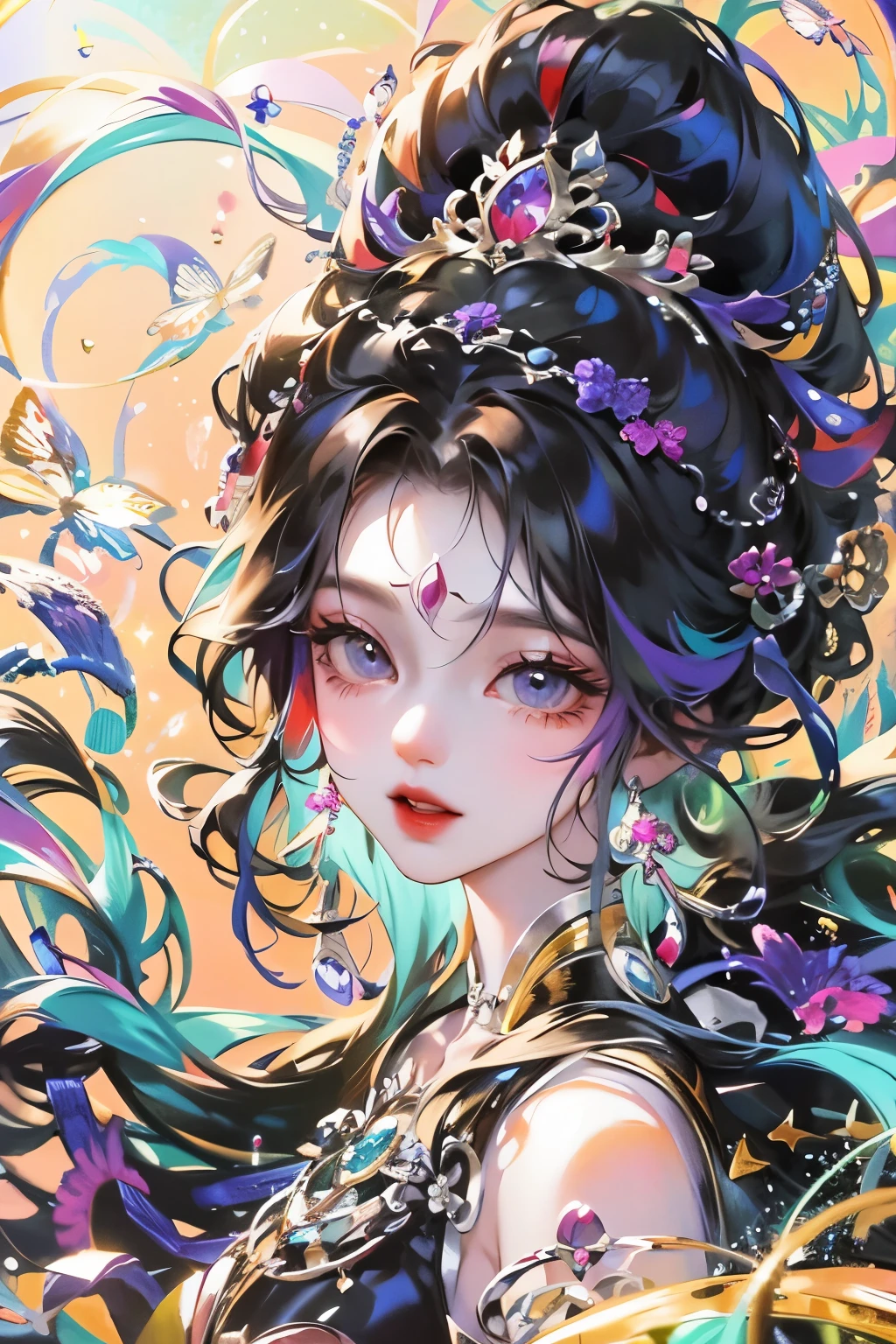 Close-up of a woman with rich and colorful hair and necklace, Anime girl with cosmic long hair, The soft vibrancy of Rossdraws, Guvez-style artwork, Fantasy art style, rich and colorful], Vibrant fantasy style, Rossdraws Vibrant cartoons, cosmic and rich and colorful, Gu Weiss, rich and colorful digital fantasy art, Stunning art style, Beautiful anime style, Full body lighting, Skin brightening, Sexy expressions