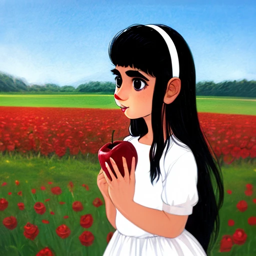 beautiful princess, highly detailed, brushstrokes, girl eating apple in field of roses, red, black, white, long black hair, bangs, unibrow, thick eyebrows, freckles, big nose, aquiline nose, hairband, dress, stripes, big ears, girl, rosy cheeks, red lips,girl eating apple in field of roses, red, black, white, long black hair, bangs, unibrow, thick eyebrows, freckles, big nose, aquiline nose, hairband, dress, stripes, big ears, girl, rosy cheeks, red lips,stallintheunicow