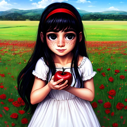 beautiful princess, highly detailed, brushstrokes, girl eating apple in field of roses, red, black, white, long black hair, bangs, unibrow, thick eyebrows, freckles, big nose, aquiline nose, hairband, dress, stripes, big ears, girl, rosy cheeks, red lips,girl eating apple in field of roses, red, black, white, long black hair, bangs, unibrow, thick eyebrows, freckles, big nose, aquiline nose, hairband, dress, stripes, big ears, girl, rosy cheeks, red lips,stallintheunicow