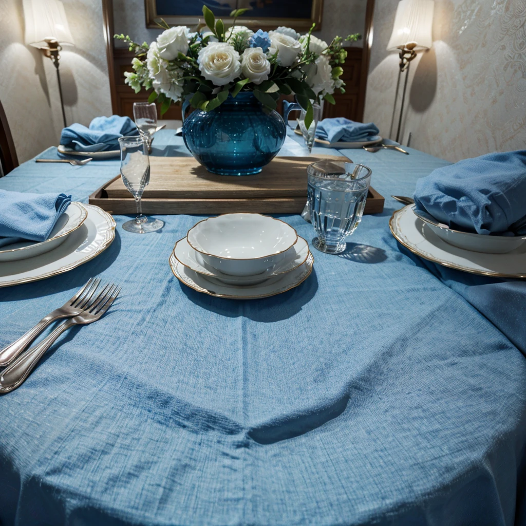 A photorealistic image of a luxuriously set table in a prestigious hotel dining room. The table is covered in a light blue tablecloth that casts a soft, elegant blue tint on the entire scene.  Focus on the intricate details of the table setting, including fine china plates, gleaming silverware, and crystal glasses.