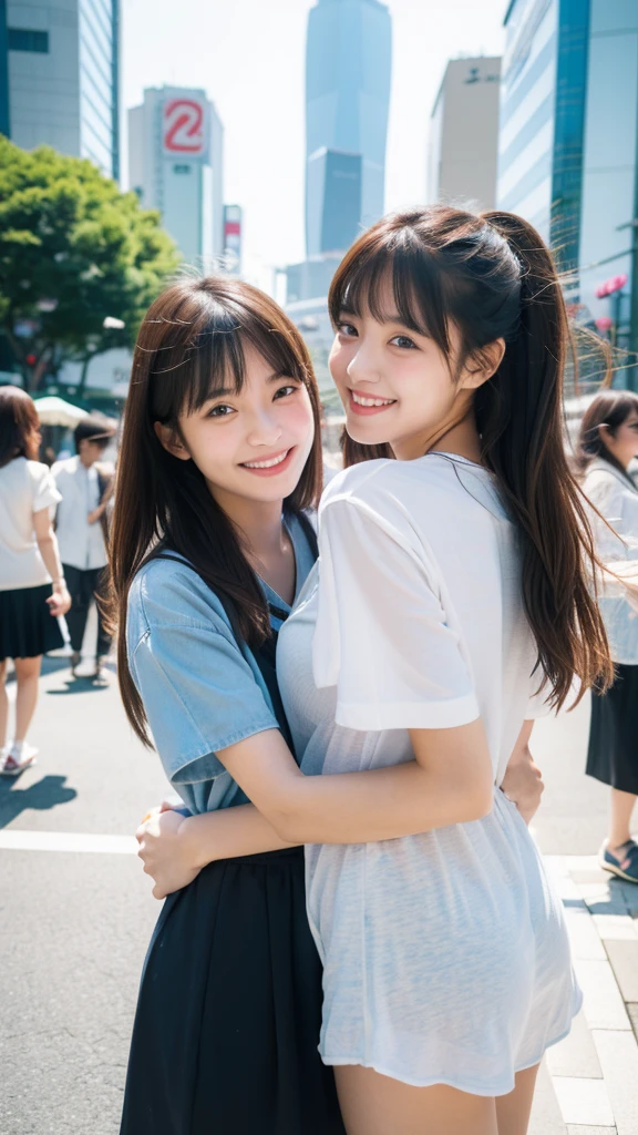 Best quality, high resolution, 8K, two girls, Japanese, hugging, best smile, summer clothes, street fashion, beautiful woman, pretty face, cute face, two cute people, Tokyo cityscape
