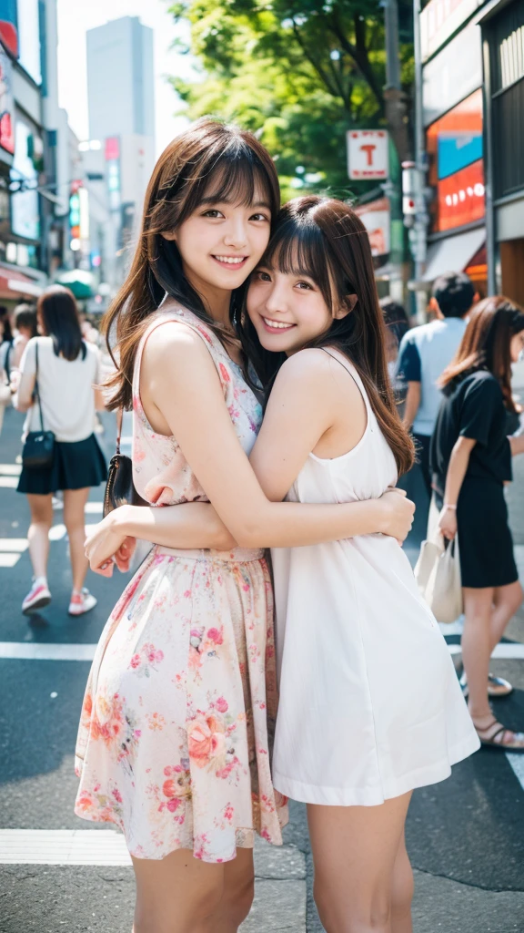 Best quality, high resolution, 8K, two girls, Japanese, hugging, best smile, summer clothes, street fashion, short hair,  beautiful woman, pretty face, cute face, two cute people, Tokyo cityscape