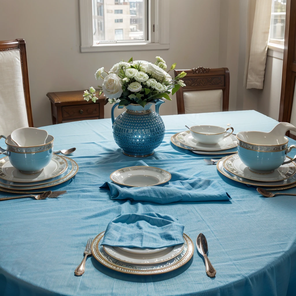 A photorealistic image of a luxuriously set table in a prestigious hotel dining room. The table is covered in a light blue tablecloth that casts a soft, elegant blue tint on the entire scene.  Focus on the intricate details of the table setting, including fine china plates, gleaming silverware, and crystal glasses.