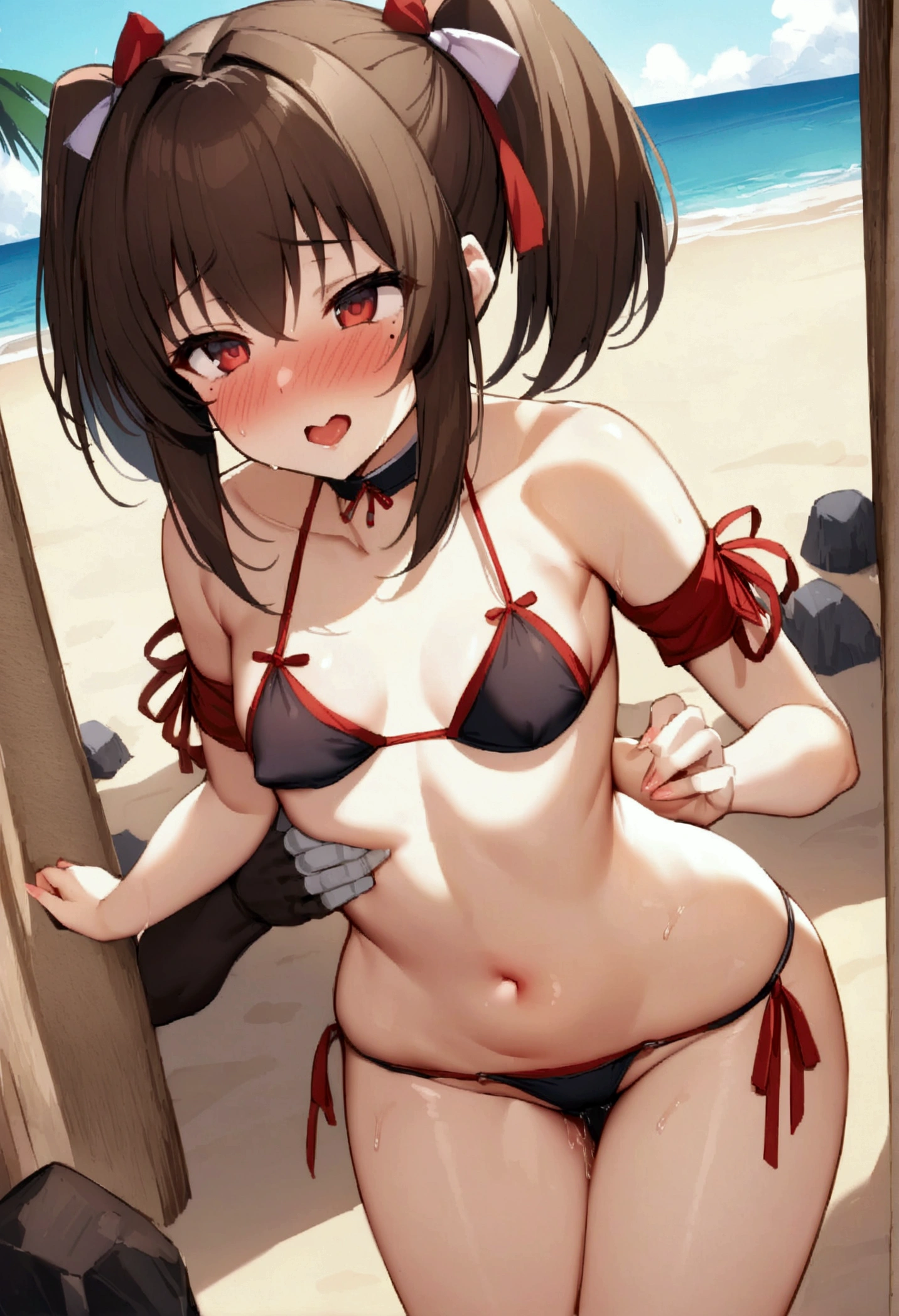 NSFW,masterpiece,Highest quality,High resolution,Super detailed,Nekone \(Utawarerumono\),Brown Hair、（Red Eye：1.3）、ribbon,Twin tails、ヘアribbon、Mole、目の下のMole,Small breasts,Japanese style,High quality sexy bikini,beach,Palm tree,Rock Shade,(Face in love),Embarrassed,blush,(Ecstasy face),(Sex slave),(Seduce),(Strong-faced men),Picking Up Girls,A man puts his hands on her waist and hugs her,Girl in Love,heart