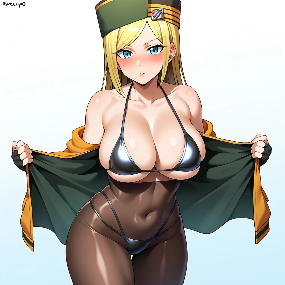 1girl, millia_rage, breasts, blonde_hair, blue_eyes, swimsuit, long_hair, solo, hat, pantyhose, bikini, fur_hat, ushanka, large_breasts, gloves, looking_at_viewer, yellow_background, black_bikini, fingerless_gloves, covered_navel, bare_shoulders, bangs, simple_background, blush, collarbone, parted_lips, jacket, shiny, very_long_hair, black_gloves, open_clothes, thighs, shiny_clothes, shiny_skin