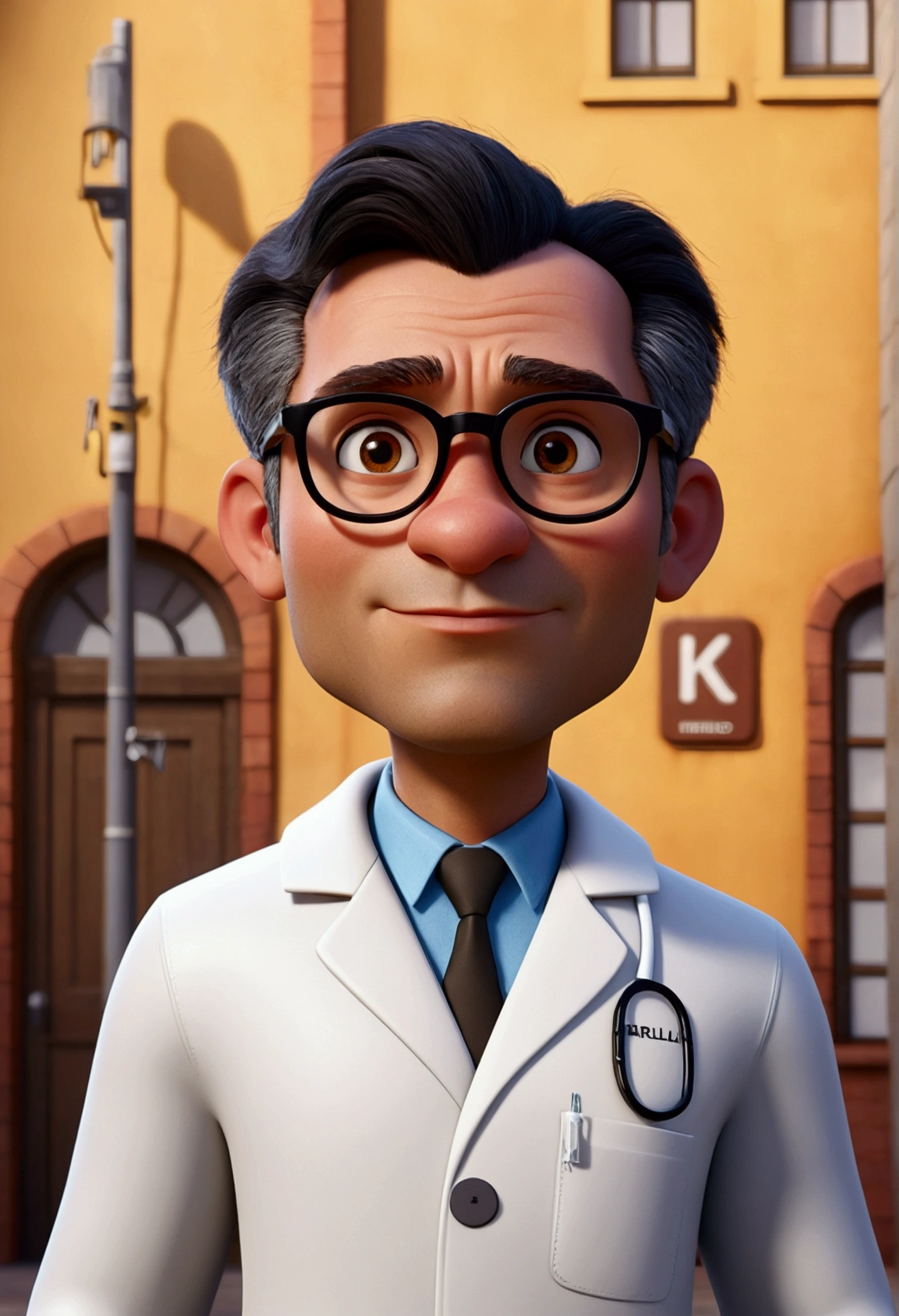 Cartoon character of a man with glasses, short and thin hair, cor do black hair with gray sides, black hair with gray sides, with entries, dark brownish brown skin, fat rounded oval face, approximately 34 years old, with an aged appearance, skin with pimple marks, animation character, wearing a labcoat, written on the coat name Prof. Luiz Paulo Silva - Natural Sciences , stylized character, animation style rendering, 3d stylized, Arnold Maya rendering, Stylized 3D rendering, toon render screenshot, 3d character, 3d character, Stylized 3D rendering, 3D character rendering, cartoon character, Personagem de close up, character posing, (Pixar-style) (master part:1.2) (bokeh) (best qualityer) (skin detailed) (detailed texture) (8K) (Argilla) (cinematic lighting) (sharp focus) True to description,