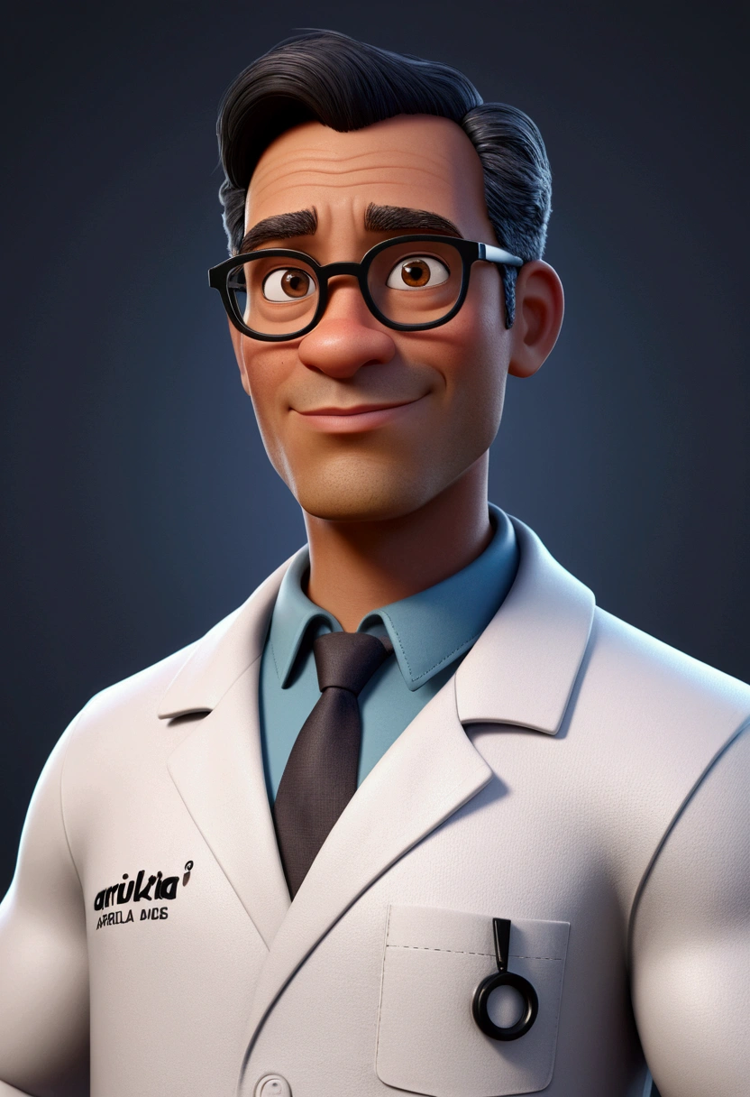 Cartoon character of a man with glasses, short and thin hair, cor do black hair with gray sides, black hair with gray sides, with entries, dark brownish brown skin, fat rounded oval face, approximately 34 years old, with an aged appearance, skin with pimple marks, animation character, wearing a labcoat, written on the coat name Prof. Luiz Paulo Silva - Natural Sciences , stylized character, animation style rendering, 3d stylized, Arnold Maya rendering, Stylized 3D rendering, toon render screenshot, 3d character, 3d character, Stylized 3D rendering, 3D character rendering, cartoon character, Personagem de close up, character posing, (Pixar-style) (master part:1.2) (bokeh) (best qualityer) (skin detailed) (detailed texture) (8K) (Argilla) (cinematic lighting) (sharp focus) True to description,