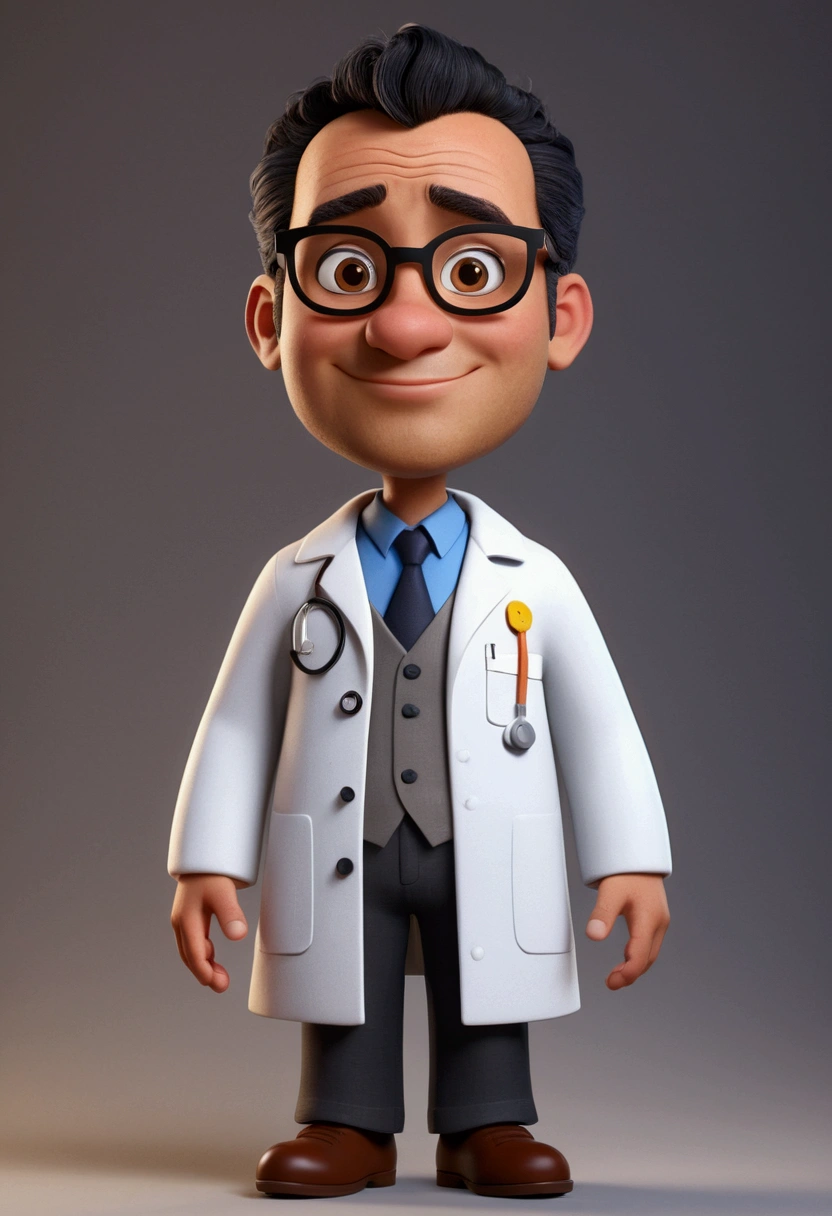 Cartoon character of a man with glasses, short and thin hair, cor do black hair with gray sides, black hair with gray sides, with entries, dark brownish brown skin, fat rounded oval face, approximately 34 years old, with an aged appearance, skin with pimple marks, animation character, wearing a labcoat, written on the coat name Prof. Luiz Paulo Silva - Natural Sciences , stylized character, animation style rendering, 3d stylized, Arnold Maya rendering, Stylized 3D rendering, toon render screenshot, 3d character, 3d character, Stylized 3D rendering, 3D character rendering, cartoon character, Personagem de close up, character posing, (Pixar-style) (master part:1.2) (bokeh) (best qualityer) (skin detailed) (detailed texture) (8K) (Argilla) (cinematic lighting) (sharp focus) True to description,