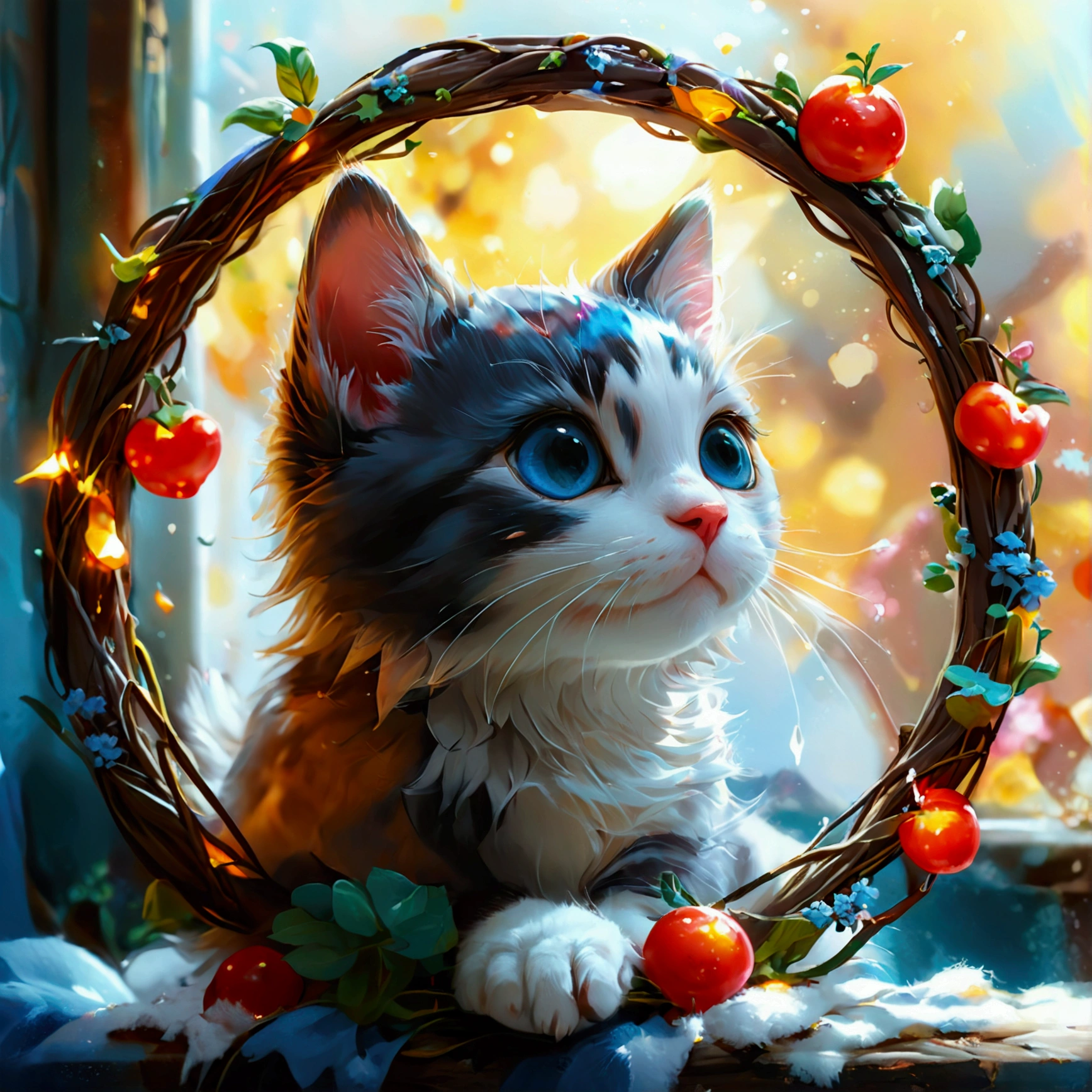 Create an illustration that meets the following conditions:。 -Create an icon with a kitten circle frame -Realistic anime style - Heartwarming characters -Potato Girl - Fantasy background -Kitten theme