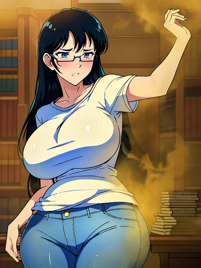 (best quality:1.4),masterpiece,ultra-detailed,delicate features,delicate skin,realism,beautiful lighting,1girl,black hair ,blues eyes ,tareme,long hair,gleaming skin,glasses, oversized tshirt, blue jeans, massive , yellow smoke rising, blush, clenching teeth, library