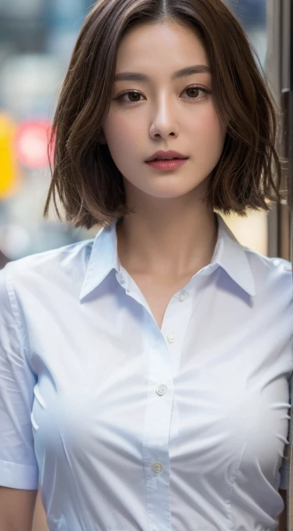 ((Highest quality, 8K, masterpiece :1.3)), Sharp focus :1.2, Beautiful woman with perfect figure :1.4, Slim Abs :1.2, ((Dark brown hair, Big Breasts :1.2)), (White button-up long shirt :1.1), City Street:1.2, Highly detailed face and skin texture, Fine grain, double eyelid