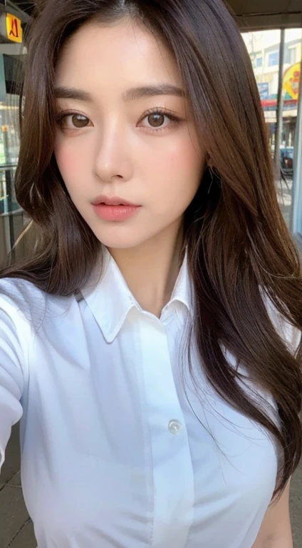 ((Highest quality, 8K, masterpiece :1.3)), Sharp focus :1.2, Beautiful woman with perfect figure :1.4, Slim Abs :1.2, ((Dark brown hair, :1.2)), (White button-up lshirt :1.1), City Street:1.2, Highly detailed face and skin texture, Fine grain, double eyelid