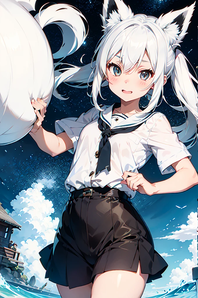 shirakami fubuki, White Hair、Fox Girl, Fox Ears, Fox's Tail, Long Hair, hoodie, skirt, pantyhose, Park scenery, Sitting, masterpiece, Highest quality, High resolution, High resolution,