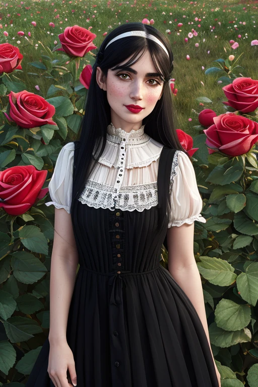 a woman with long flowing black hair, piercing eyes, a prominent unibrow, rosy cheeks, eating a juicy red apple, wearing a Victorian-style vest and lace collar, standing in a lush meadow with a unicorn, (best quality,4k,8k,highres,masterpiece:1.2),ultra-detailed,intricate details, striking colors, dramatic lighting, stallintheunicow, brushy, painterly girl eating apple in field of roses, red, black, white, long black hair, bangs, unibrow, thick eyebrows, freckles, big nose, aquiline nose, hairband, dress, stripes, big ears, girl, rosy cheeks, red lips,stallintheunicow aoife