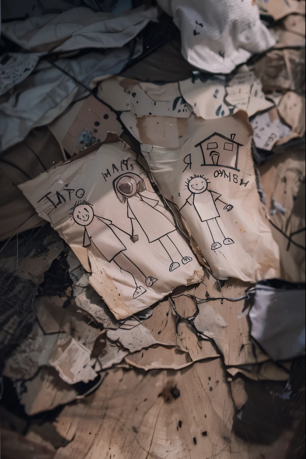 This image poignantly captures the essence of loss and memory. It features a torn and aged piece of paper, likely drawn by a , with simple stick figures labeled "Dad," "Mom," and "I," representing a family, alongside a house labeled in a child's handwriting. The paper is placed against a cracked and weathered background, suggesting abandonment or neglect. The drawing, with its elementary depiction and heartfelt simplicity, stands in stark contrast to the dark, deteriorated setting, evoking feelings of nostalgia and sorrow. This suggests a narrative of a once-happy memory that is now just a fragment of the past, possibly lost or forgotten over time.The image of the highest quality, ensuring every detail showcased perfectly. It in 4k resolution, allowing viewers to immerse themselves in the richness of the colors and intricate details. The realistic rendering. under the spotlight, reflecting, high-resolution image, realistic rendering