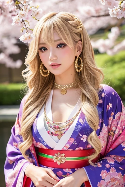 A stylish 'gyaru' girl wearing a traditional Japanese kimono, with long, wavy blonde hair and glamorous makeup. The kimono should be colorful and intricate, with modern and fashionable elements. She is posing confidently, accessorized with large hoop earrings and a statement necklace. The background is a beautiful Japanese garden with cherry blossoms in full bloom.
