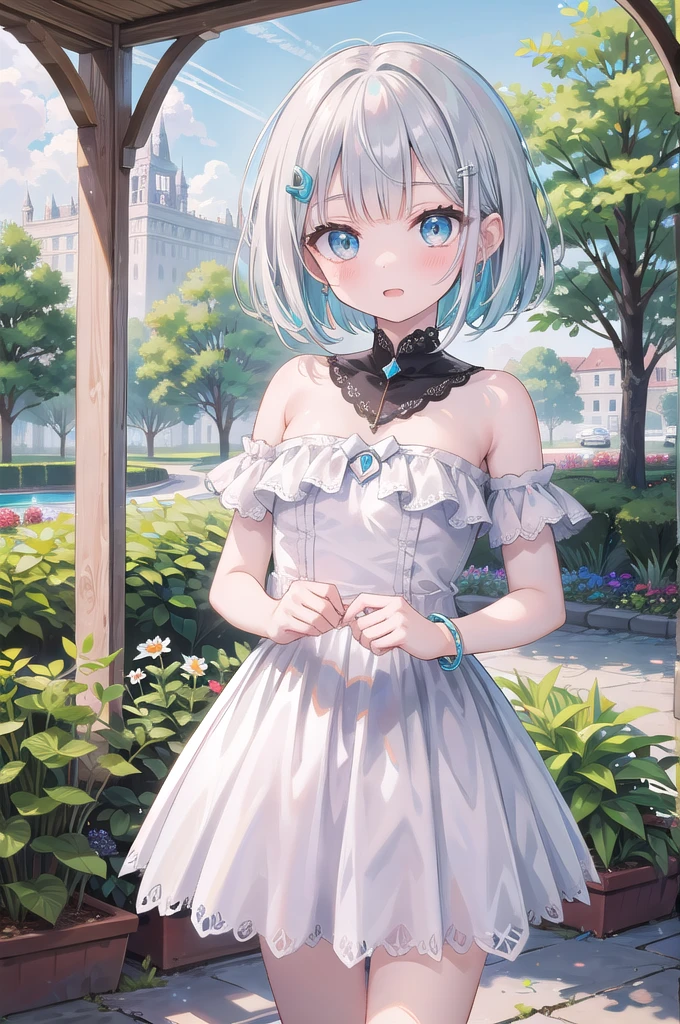 (8K, best quality, master piece: 1.5),super high resolution, One girl, solo, cowboy shot, , ultra-detailed face, detailed eyes, rainbow colored iris, (cyan eyes), bob cut, Silver gray hair, blunt bangs, hairclip, orgasm face, pale skin, Medium chest, princess dress, bare legs, anklet, garden, standing