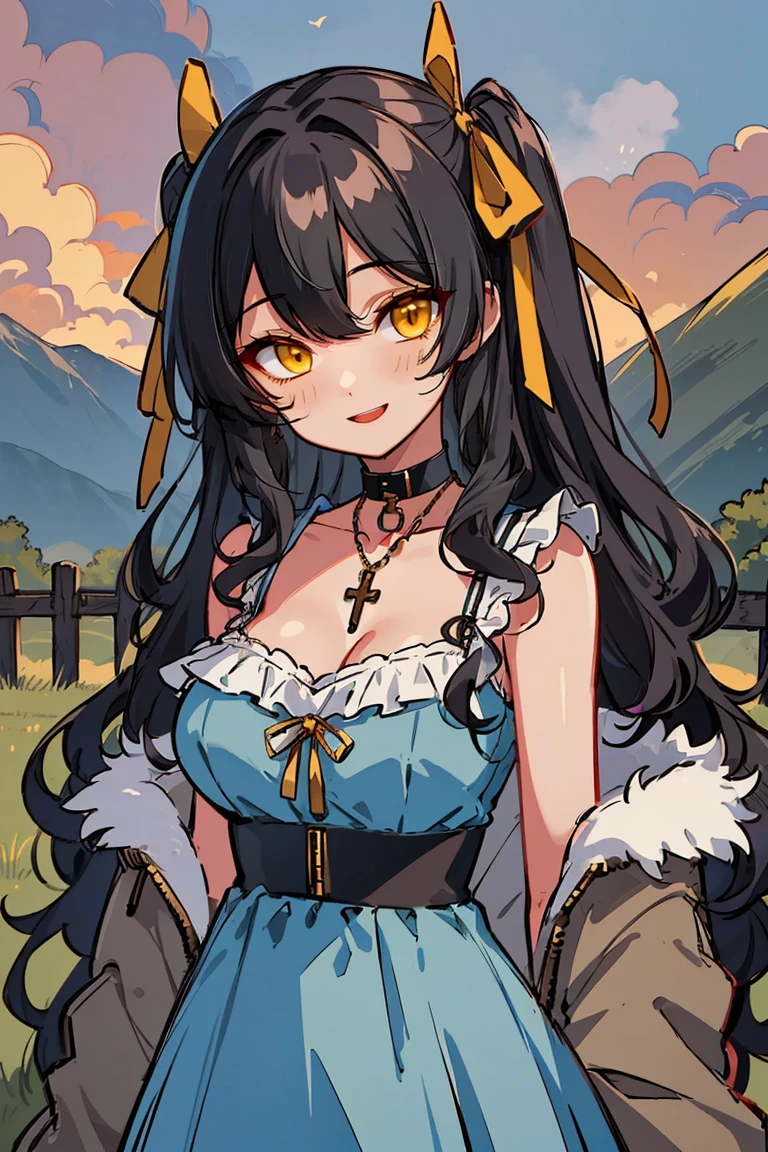 (masterpiece:1.2), (high quality:1.2), hui xiyi, rekkyo sensen, rekkyou sensen, girls with((1girl, solo, black hair, yellow eyes, (wavy long hair, one side up, hair ribbon:1.54), blush, breasts, cleavage, cowboy shot, bare shoulders, dress, lace dress, camisole dress, blue clothes, dress layers skirt, rosary, rosary choker, cross, choker, collar, collarbone, frills, khaki hoodie, fur, fur-trimmed hood, fur-trimmed jacket, fur-trimmed sleeves, fur coat, fur collar, fur trim, hood down, hooded coat, hooded jacket, hoodie, jacket, large breasts, long hair, long sleeves, medium breasts, open clothes, open coat,open hoodie, sleeveless, winter clothes, zipper, cleavage, upper body)), background with((fantasy world, ruin, castle, beautiful sky, shining sky, sunshine, architecture, blue sky, bush, castle, village, no humans, cloud, cloudy sky, day, fence, field, garden, blue rose, grass, hill, lamppost, landscape, mountain, mountainous horizon, nature, outdoors, scenery))