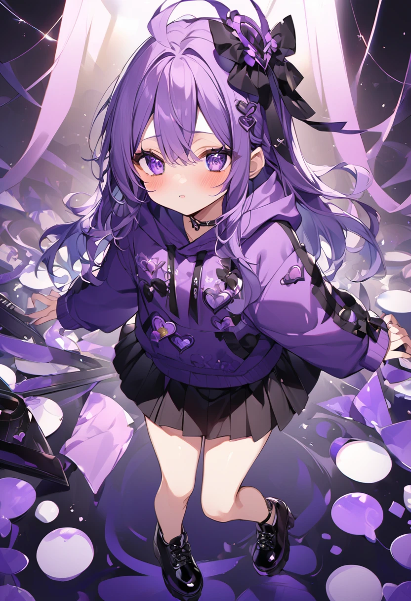 Kate。Purple Eyes。Purple Hair。Purple hoodie。Black Skirt。Black shoes下。Black shoes。aphrodisiac。Eyes are hearts