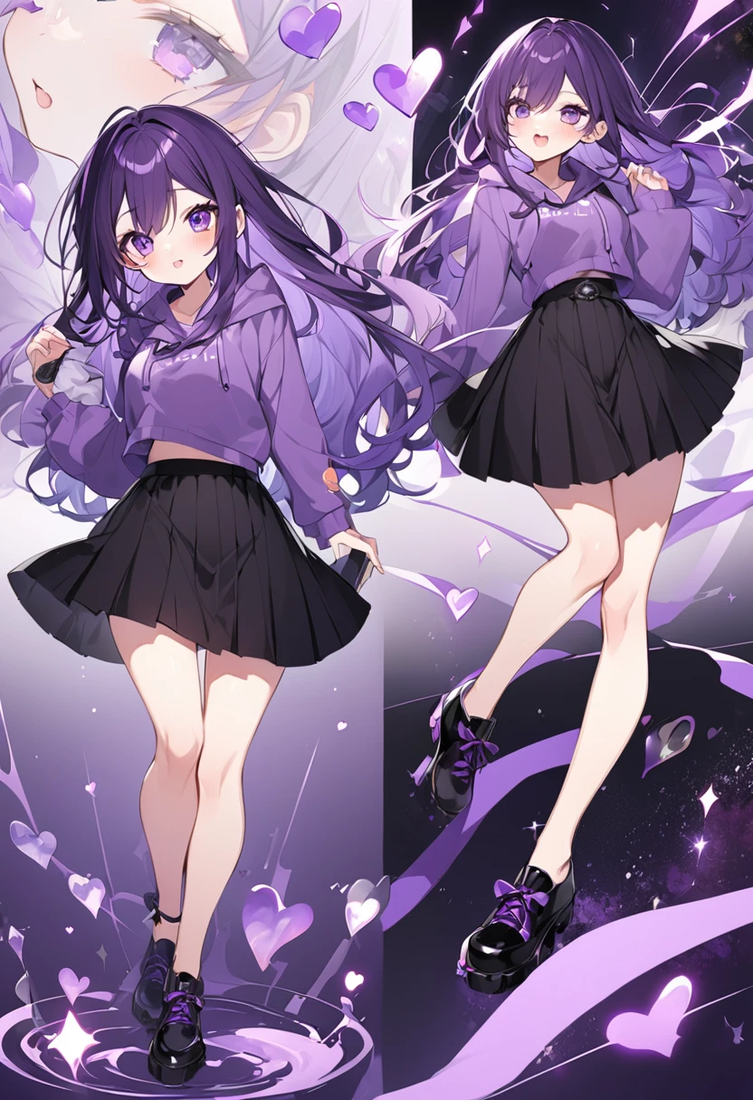 Kate。Purple Eyes。Purple Hair。Purple hoodie。Black Skirt。Black shoes下。Black shoes。aphrodisiac。Eyes are hearts
