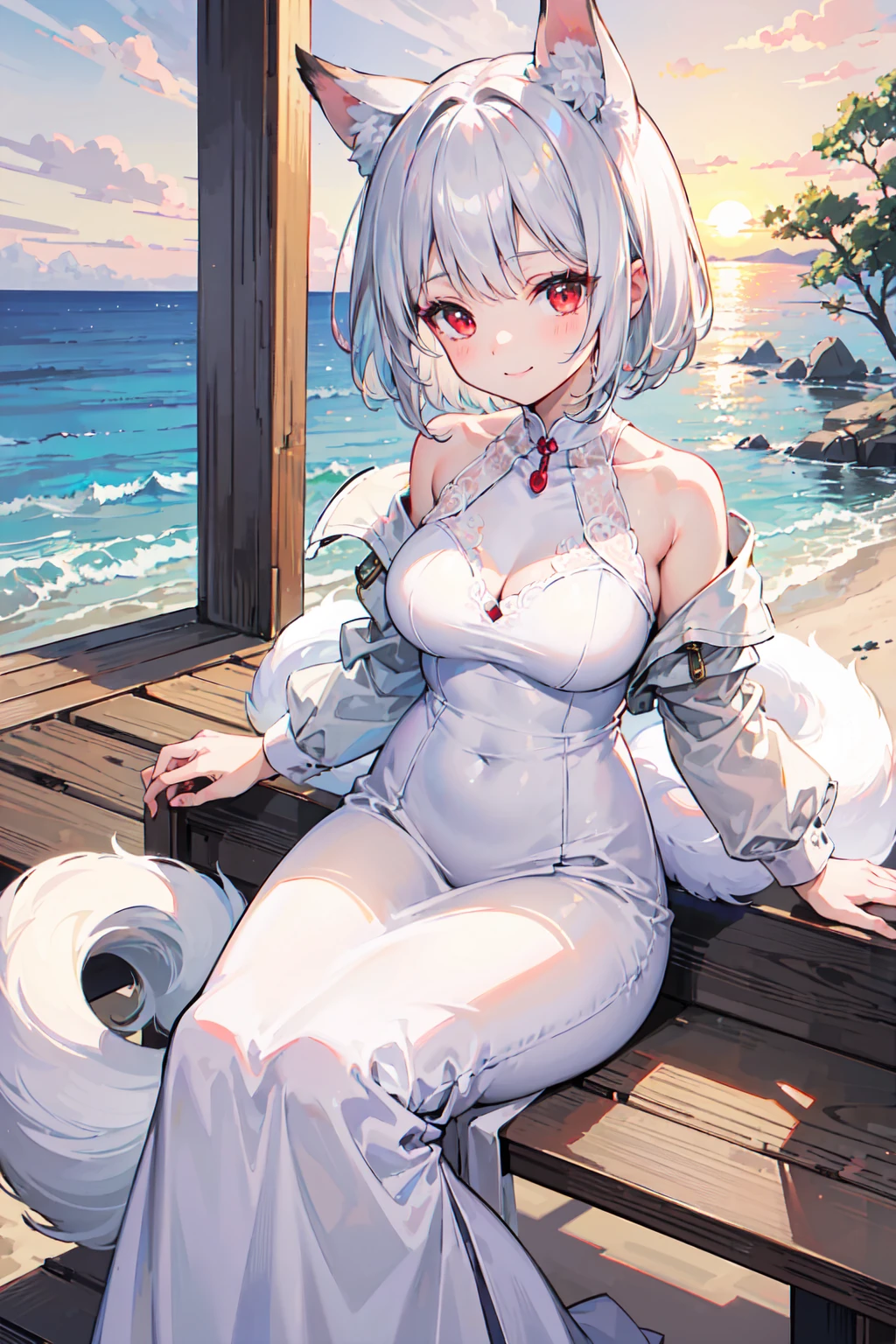 masterpiece, highest quality, highest resolution, clear_image, detailed details, White hair, long hair, cat ears, 1 girl, red eyes, naked, snow, cherry blossom, hot spring (in a snowy cherry blossom hot spring)