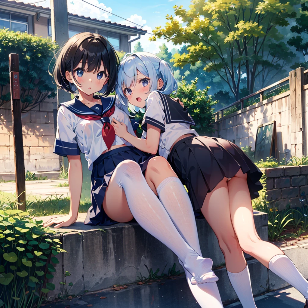 Masterpiece, highest quality, high resolution background, bright and beautiful atmosphere, 2 girls (, 1 short-tempered round face), 1 (hair, surface effects), small breasts, behind the school building, near the school gate, Girl in sailor suit, surprised expression, elementary school boy pulls girl's skirt up, white underwear visible, NSFW, legs slightly raised, "deltamon_sdXL :0.73) >Deltamon"