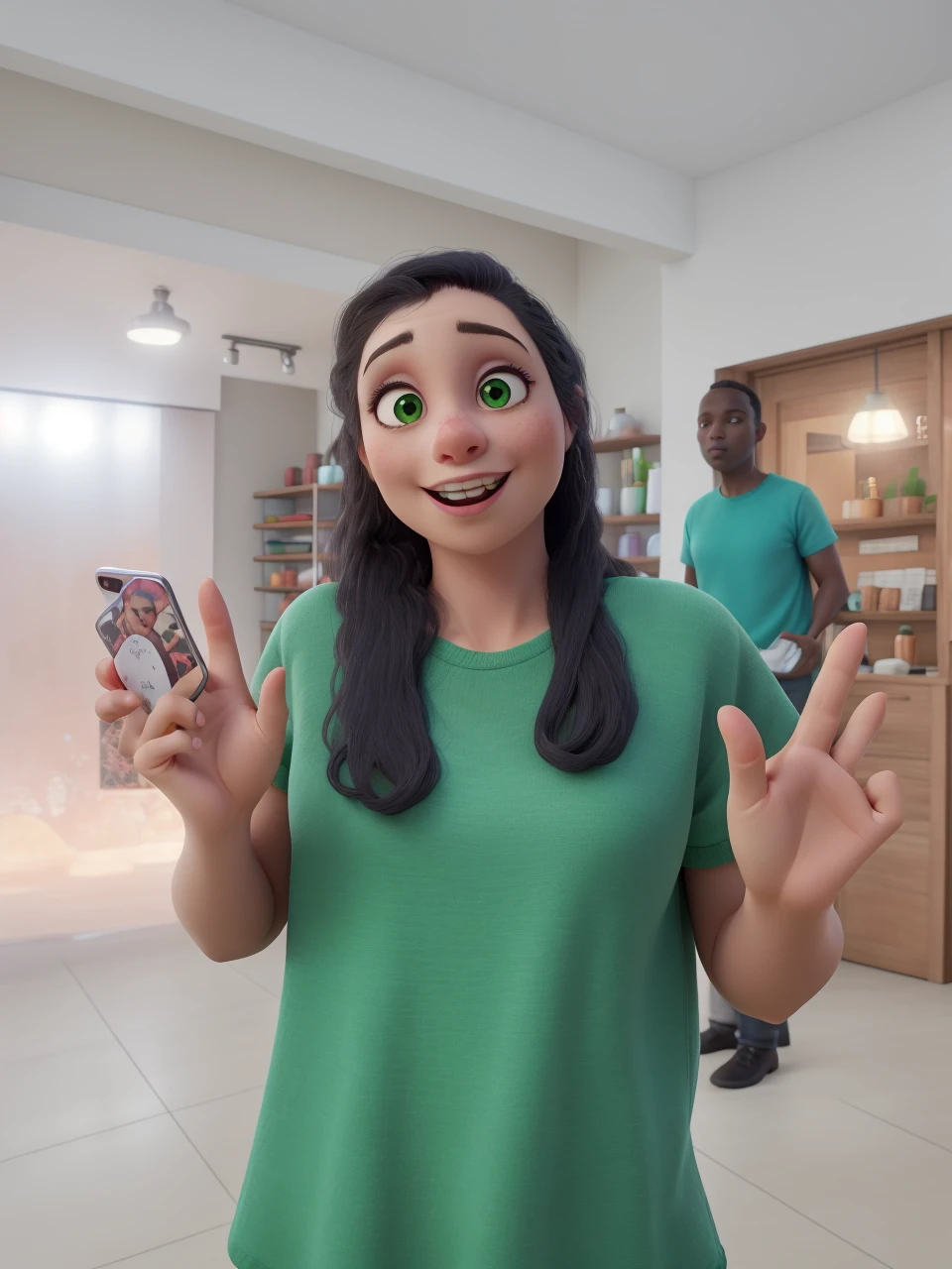 Woman in a green shirt, thin, with big eyes and very presentable.
In one hand she is holding a smartphone