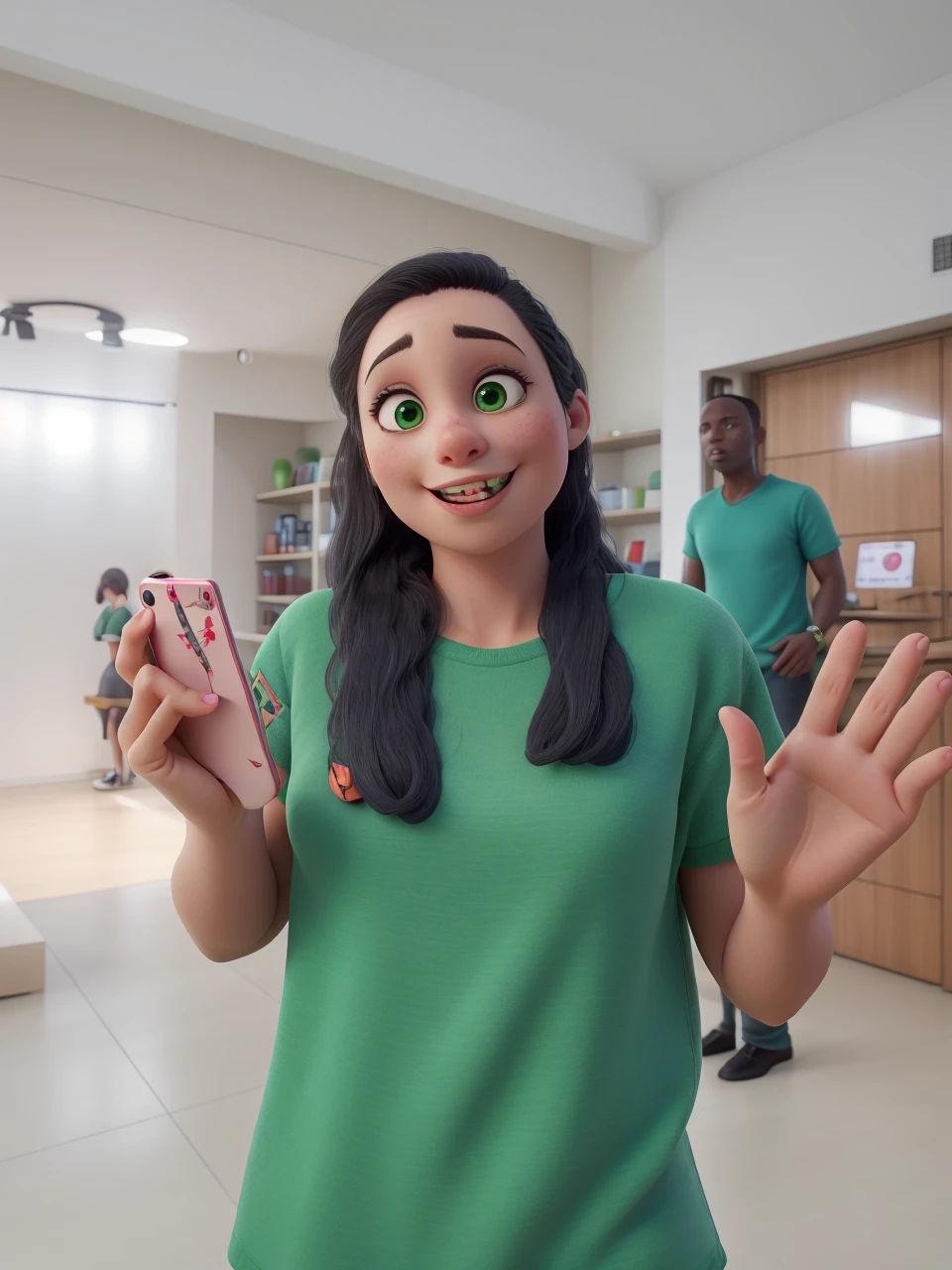 Woman in a green shirt, thin, with big eyes and very presentable.
In one hand she is holding a smartphone